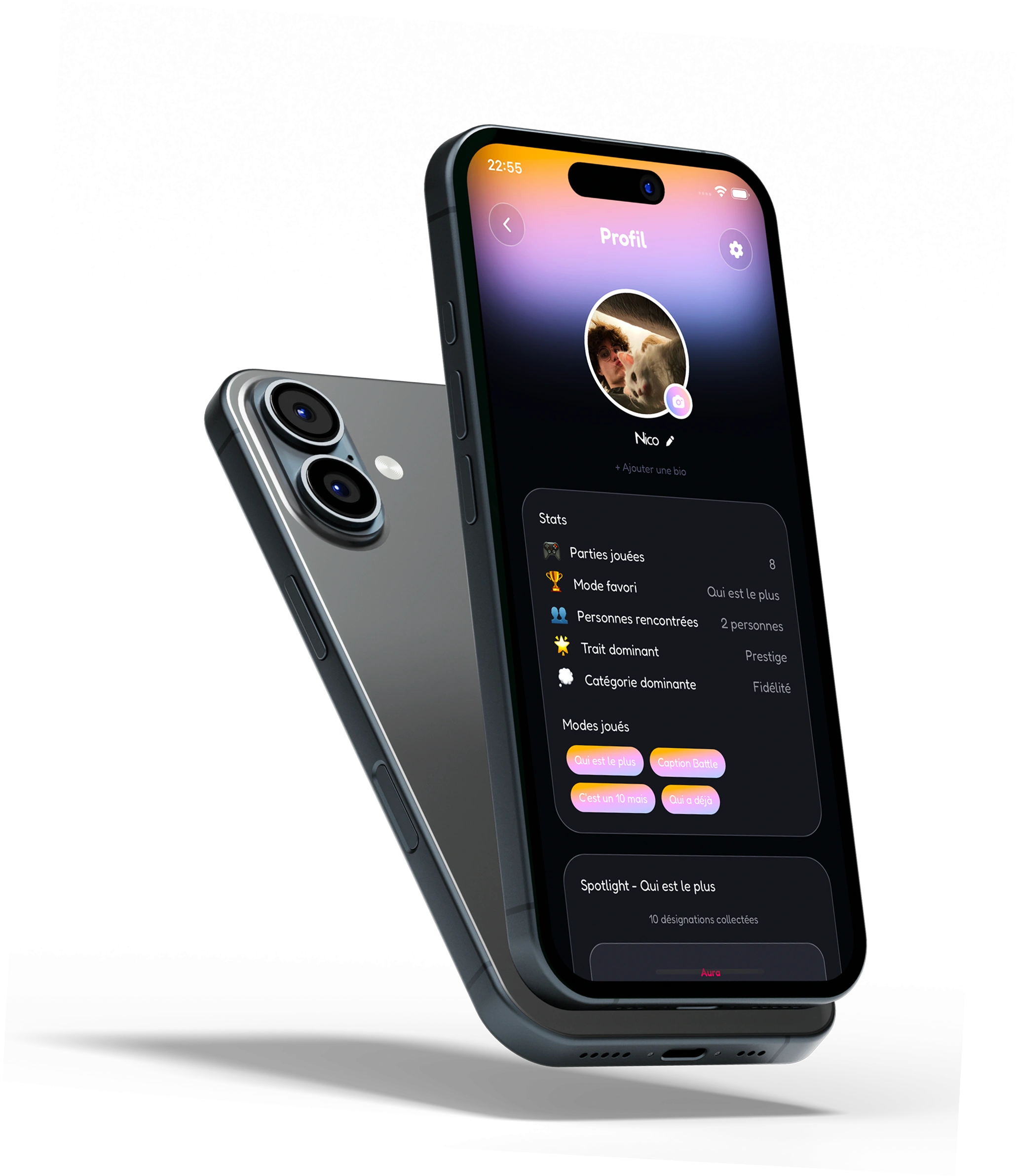 Deux iPhone présentant le profil d’un joueur Spotted